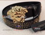 Perfect Replica Versace Gold Buckle And Pattern Gold Diamonds Black Leather Belt